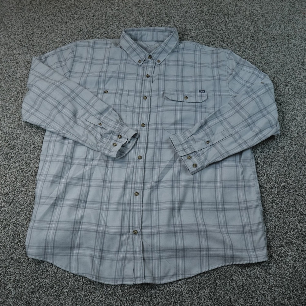 Huk Shirt Mens 2XL Gray Plaid Performance Fishing Button Up Long Sleeve Outdoor